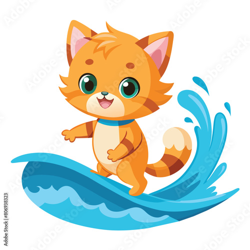 A cute little cat surfing on the sea with a white background 