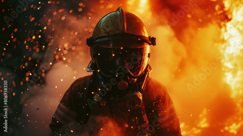 Close-up of a firefighter in full gear with helmet and mask against intense fire and flying sparks.