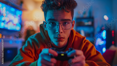 Young male gamer engrossed in an intense gaming session late at night