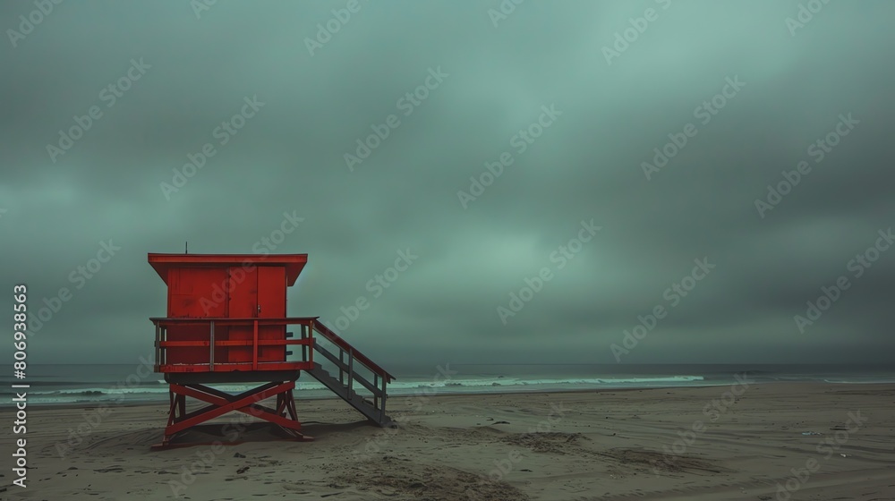 A lifeguard tower stands alone on a beach on a cloudy day. The muted colors and lack of people create a sense of isolation and solitude. A lifeguard tower stands alone on a beach on a cloudy day. The muted colors and lack of people create a sense of isolation and solitude.