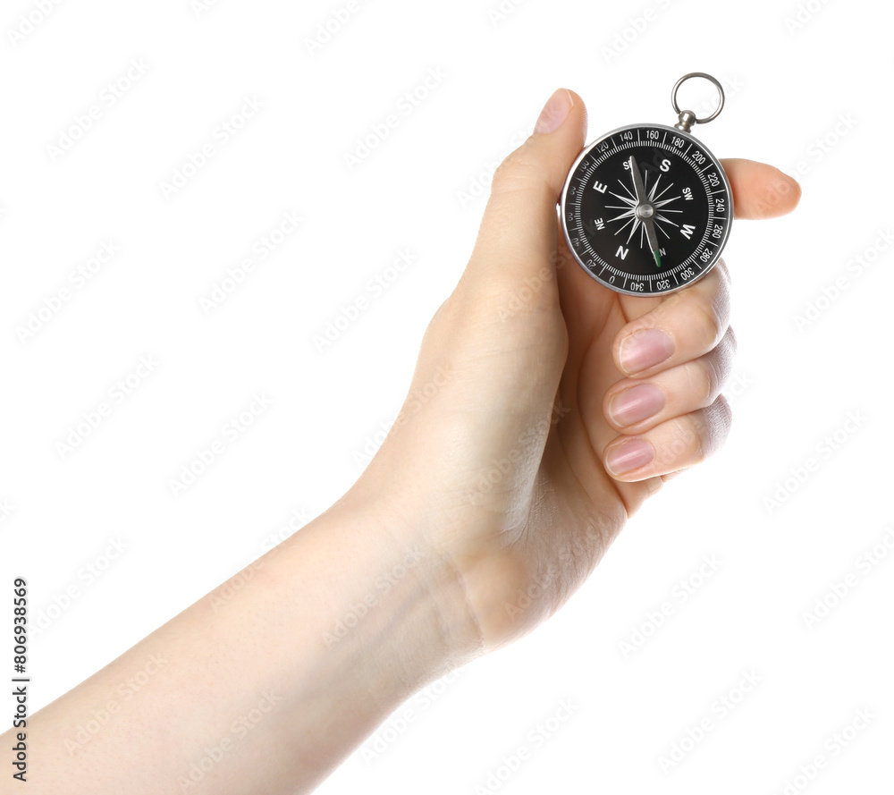 Woman holding compass on white background, closeup. Tourist equipment Woman holding compass on white background, closeup. Tourist equipment