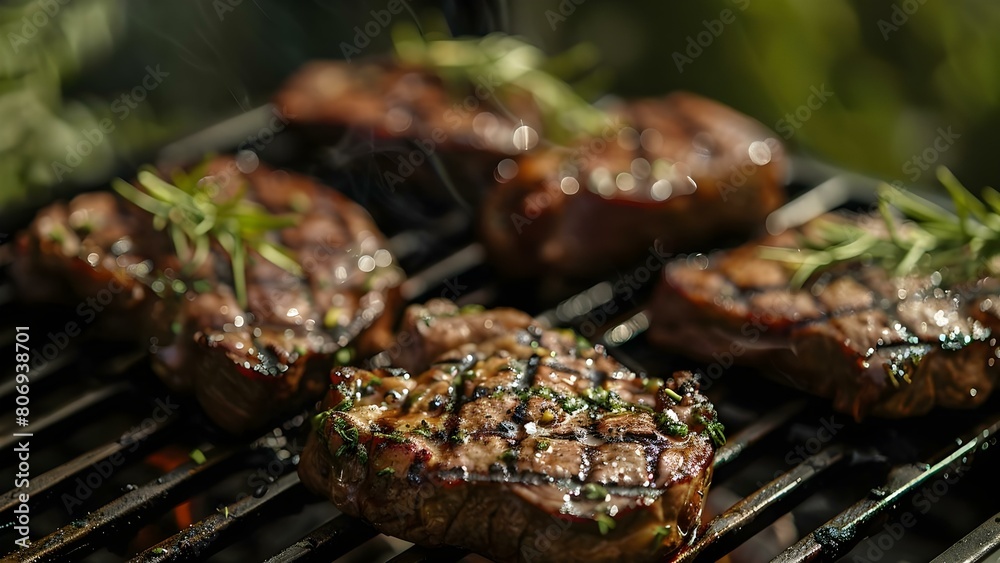 Grilled Beef Steaks: Highlighting BBQ Grill at an Outdoor Party. Concept Grilled Beef Steaks, BBQ Grill, Outdoor Party, Food Photography, Summertime BBQ