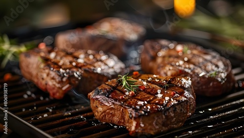 Grilling Beef Steaks at an Outdoor BBQ Party. Concept BBQ Grilling, Beef Steaks, Outdoor Cooking, Summer Party, Food and Drink photo