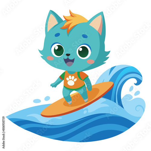 A cute little cat surfing on the sea with a white background  © Chayon Sarker