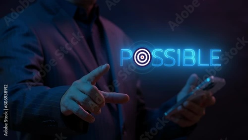 Possibility, positive thinking, confidence, optimism and achieve success concept. Businessman changing the word impossible to possible and believe we can do it, hope to overcome difficulty.