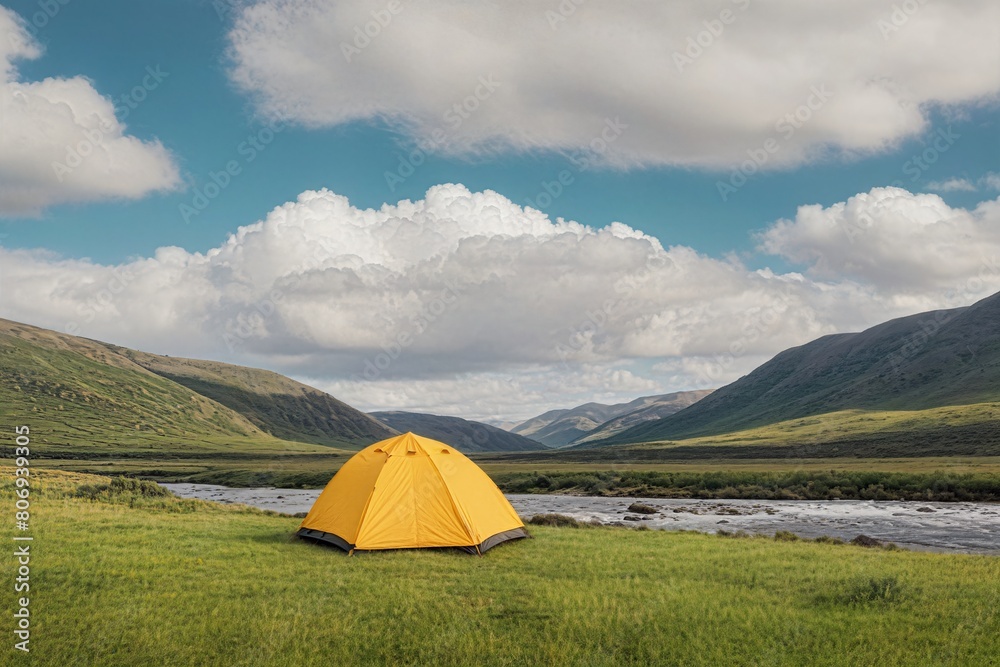 A tent set up on the grass outside