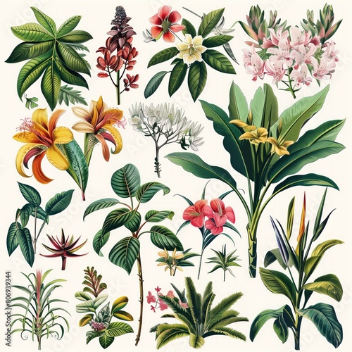 Vintage Botanical Illustrations of Exotic Tropical Flowers and Plants