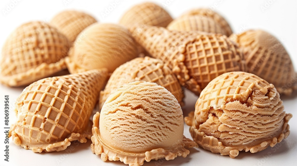   A pile of waffle cones on a white table beside a stack of waffle cones