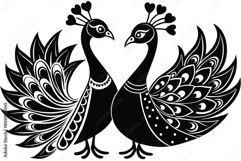 Fototapeta premium Peacock couple in love si9lhouette on white background 