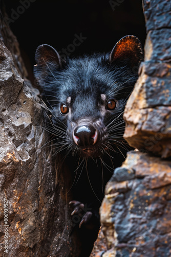 Detailed Tasmanian Devil amidst rugged nature backdrop. © ChubbyCat