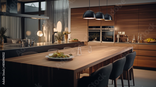 A sleek, modern wooden kitchen gleams under the bright lights, its elegant design showcased in stunning HD clarity