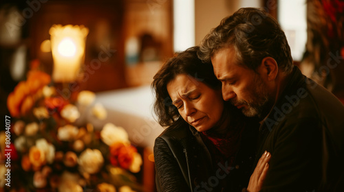 Mature couple grieving together at a memorial service, surrounded by flowers and a candle. photo