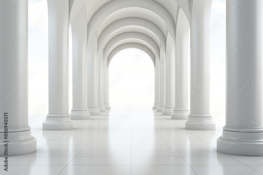 A stunning white corridor adorned with grand columns and arches, elegantly illuminated to create a sense of depth and grandeur. Ideal for architectural presentations and design inspiration.