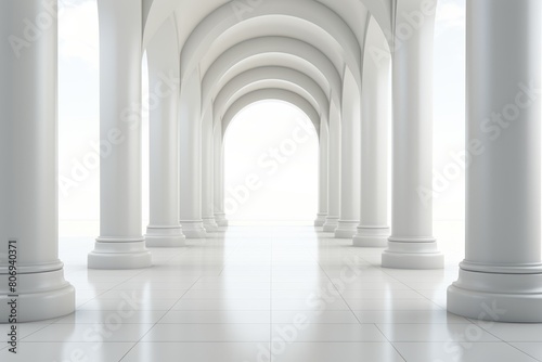 A stunning white corridor adorned with grand columns and arches, elegantly illuminated to create a sense of depth and grandeur. Ideal for architectural presentations and design inspiration.