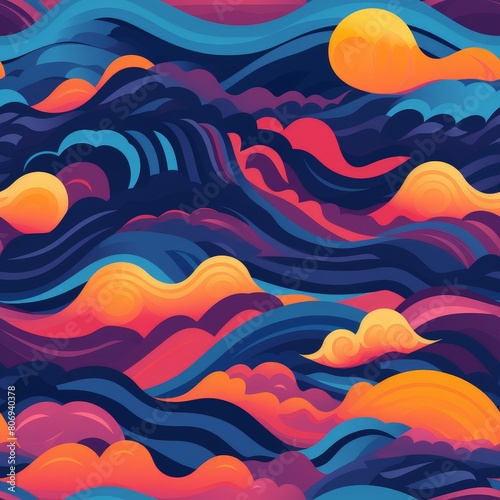 Colorful Waves and Sun Illustration