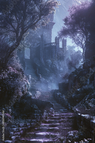 Mystical castle surrounded by ancient trees in a dark, enchanted forest.