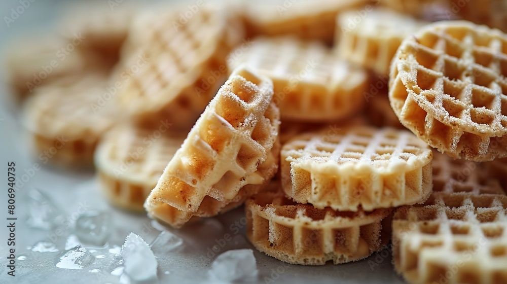   A stack of waffles placed on a nearby table, alongside an ice pile