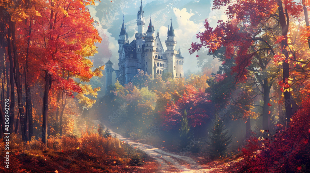 Cartoon anime style castle in enchanted forest setting, vibrant and whimsical.