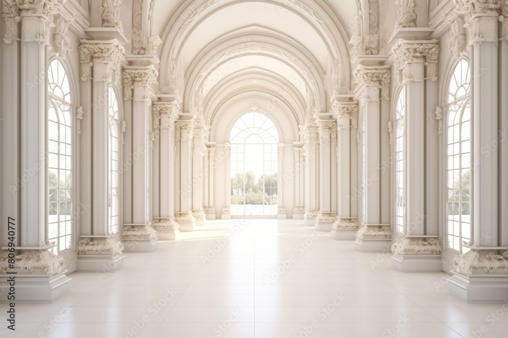 Bright light shines through the arched windows of a grand empty hall with white marble columns and glistening tile floors, creating a mesmerizing play of light and shadow.
