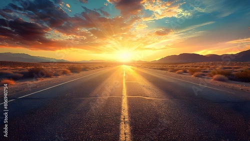 A sunlit desert highway beckons to explore the unknown and discover oneself. Concept Desert Adventure, Self-Discovery, Sunlit Highway, Exploration, Unknown Journeys photo