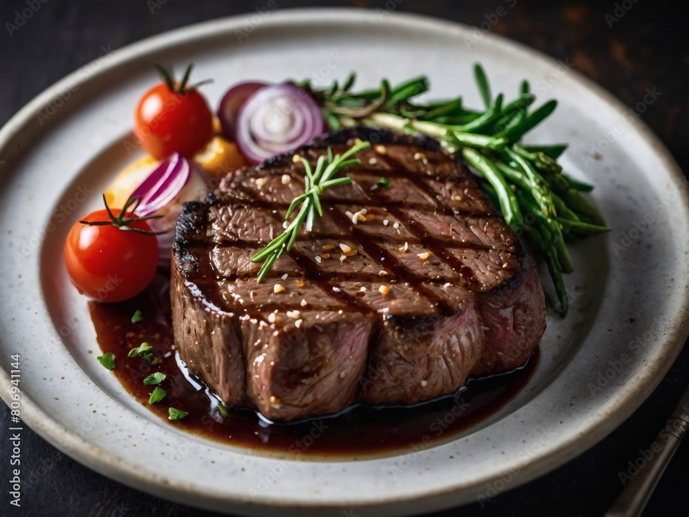 Delight in the simplicity of gourmet, a top view of a juicy grilled beef steak, positioned on a flat background, offering a visual feast before the culinary indulgence begins Delight in the simplicity of gourmet, a top view of a juicy grilled beef steak, positioned on a flat background, offering a visual feast before the culinary indulgence begins