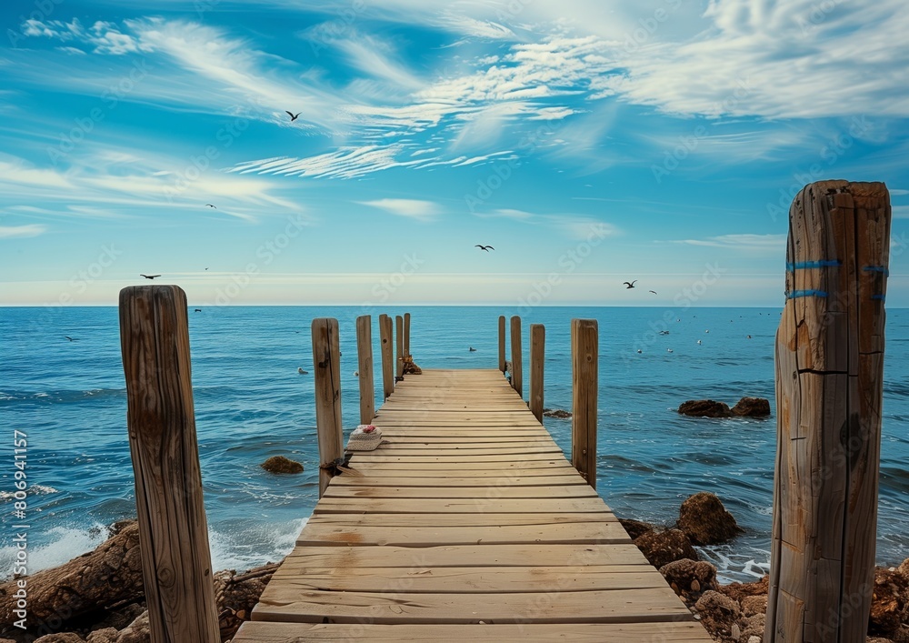 Serene Wooden Pier Extending into Blue Ocean with Clear Skies and Flying Seagulls