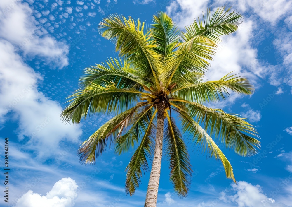 Tropical Paradise Coconut Palm Tree Against Blue Sky with Clouds