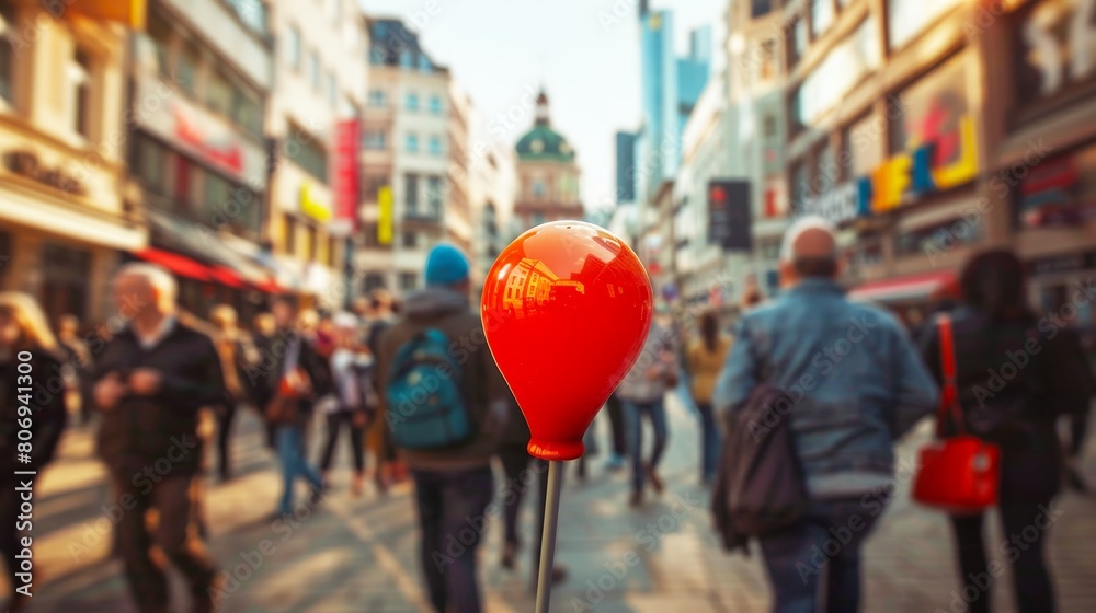 Fototapeta premium A red balloon on top of a parking meter in a busy street