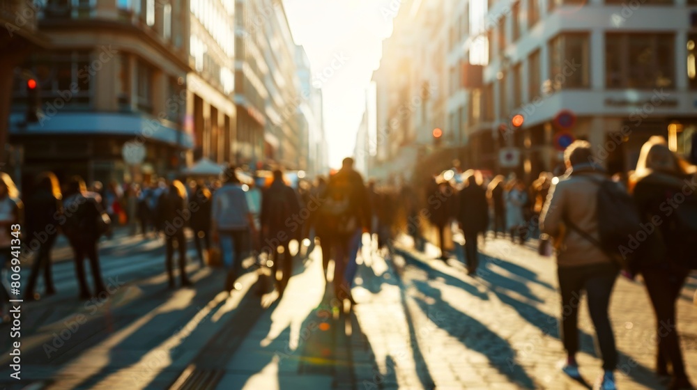 Blurred crowd of people walking down a street in downtown