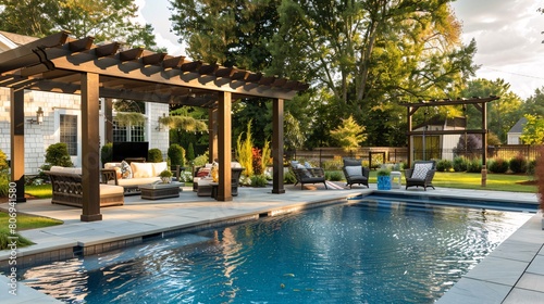 Outdoor patio with swimming pool and lounge chairs. Northwest, USA. photo