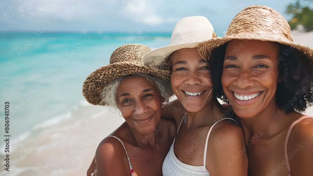 Three generations of women embrace on a beach enjoying a peaceful moment. Concept Family, Generations, Love, Beach, Serenity