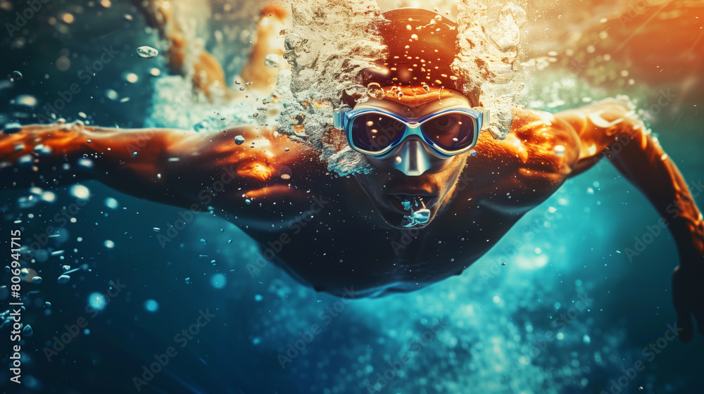 Naklejka premium Dynamic underwater image of a male swimmer with goggles swimming swiftly through water.