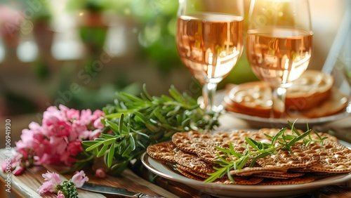 Passover  A Festive Jewish Celebration Rich in Tradition and History. Concept Traditional Foods  Seder Plate  Matzah Bread  Elijah s Cup  Four Questions