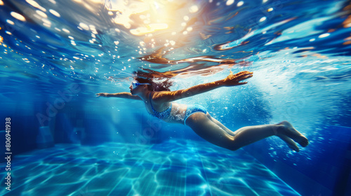 A young woman in a blue swimsuit and goggles swimming underwater in a clear pool, with sunlight filtering through.