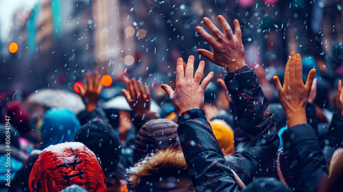 Crowd of people raising hands during a cheerful, snowy outdoor event with colorful lights.