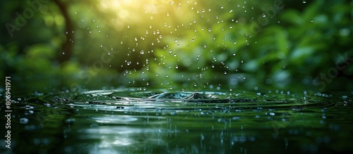 A serene nature background with raindrops falling on water 