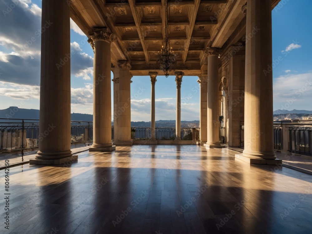 Discover a space of architectural magnificence, characterized by majestic columns and a vast window that bathes the room in natural light and offers breathtaking vistas