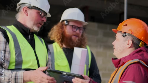 Worker in an orange helmet making excuses for a mistake made on construction site to an occupational safety inspector and foreman looking into digital tablet and waves hand.