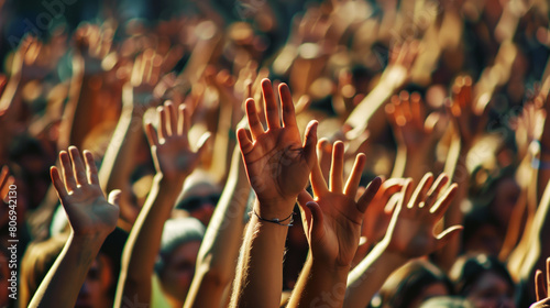 Multiple hands raised in a dense crowd, conveying excitement or participation in an event. photo