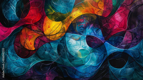 Complex painting of tangled lines and patterns symbolizing contemplation.