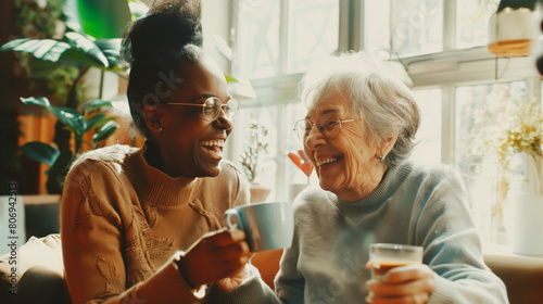 Elderly Caucasian woman and young African woman enjoy a cheerful conversation over drinks in a cozy setting.