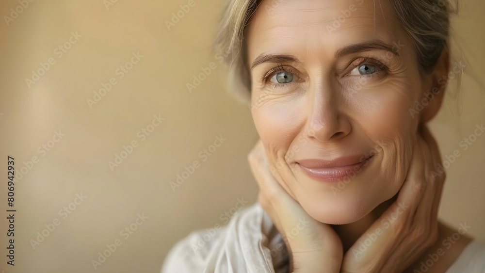 Fototapeta premium Elderly woman confidently showcasing smooth skin and self-love on beige backdrop. Concept Self-love, Confidence, Senior Beauty, Smooth Skin, Beige Backdrop