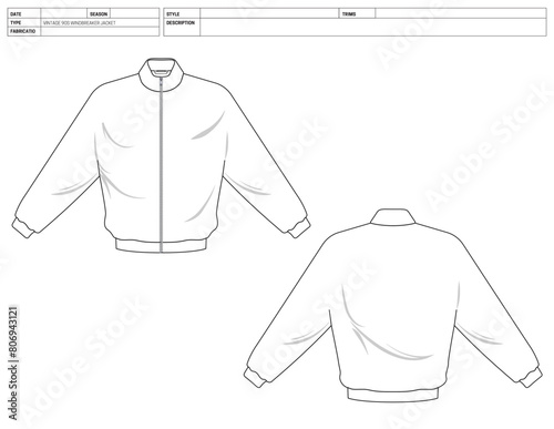 Vintage 90s Windbreaker Jacket: Vector Flat Sketch Illustration for Fashion CADs and Tech Packs, Vector Flat Sketch for Fashion Design and Manufacturing, Factory Ready Windbreaker Tech Pack, Customize