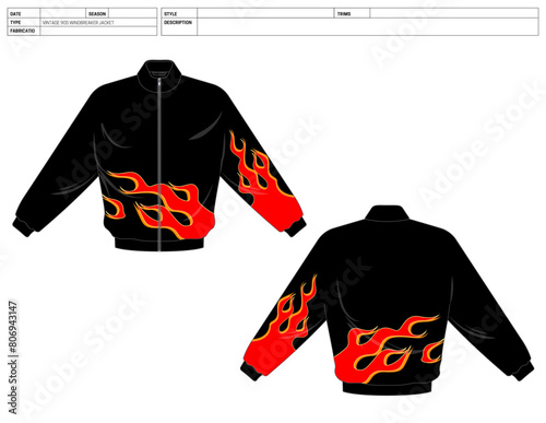 Vintage 90s Windbreaker Jacket: Vector Flat Sketch Illustration for Fashion CADs and Tech Packs, Vector Flat Sketch for Fashion Design and Manufacturing, Factory Ready Windbreaker Tech Pack, Customize