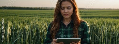 Woman Farmer on a green wheat field with a tablet in his hands. Organic green wheat in the field, Smart farm, Agro business, Harvesting 