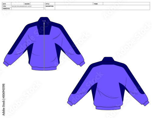 Vintage 90s Windbreaker Jacket: Vector Flat Sketch Illustration for Fashion CADs and Tech Packs, Vector Flat Sketch for Fashion Design and Manufacturing, Factory Ready Windbreaker Tech Pack, Customize