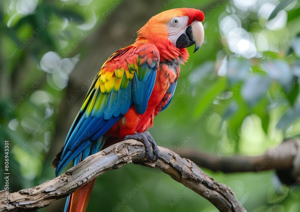 Vibrant Scarlet Macaw Parrot Perching on Tree Branch in Lush Greenery Vibrant Scarlet Macaw Parrot Perching on Tree Branch in Lush Greenery