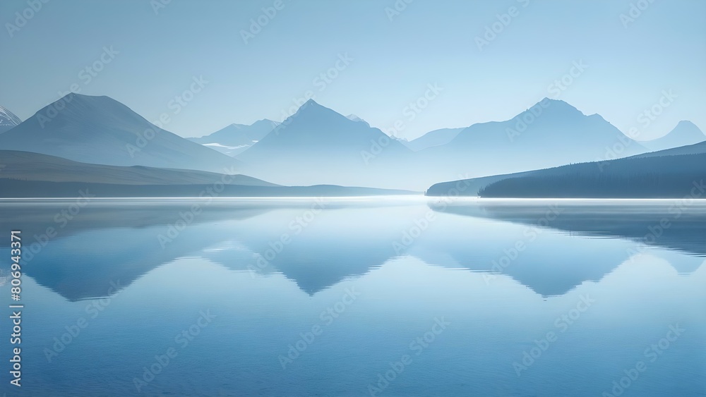 Tranquility of a serene lake with mountains in the background on an empty table. Concept Nature, Serenity, Lake, Mountains, Table Setting