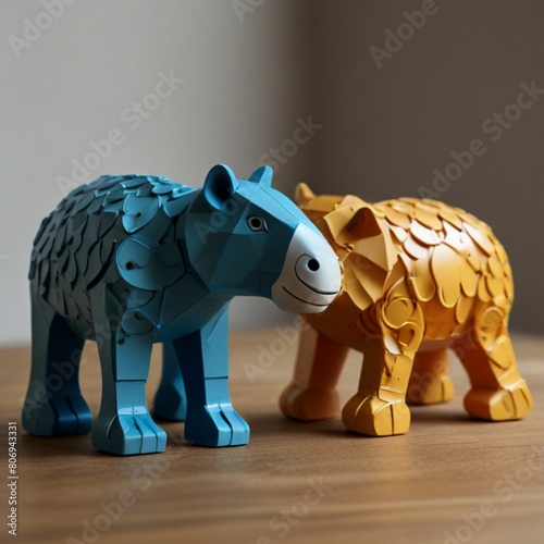 Wooden rhinoceros and lion