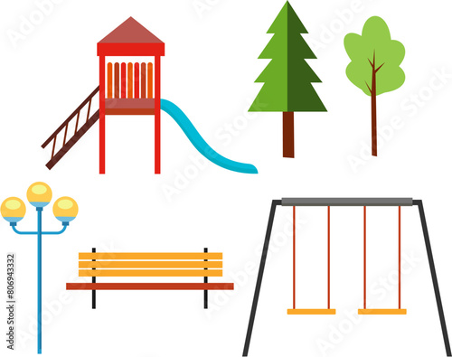 Public park in the city with children playground. Vector illustration.